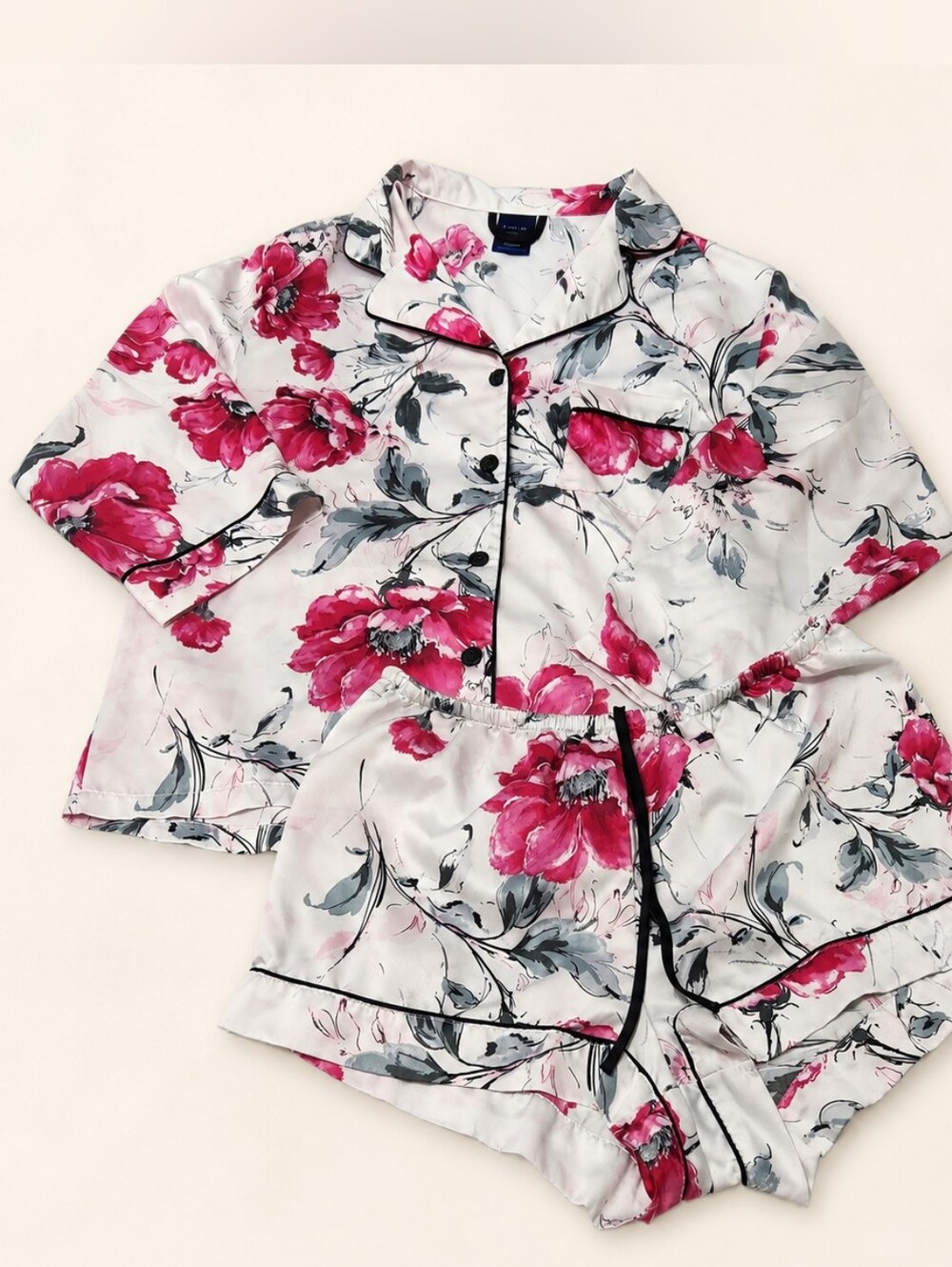 APT. 9 Satin Pajama Short Set Contrast Piping Romantic Floral M - Picture 2 of 16